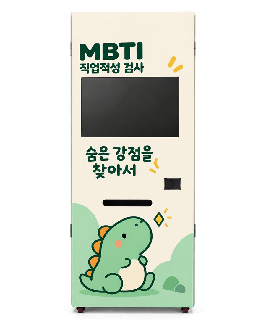 꼬마공룡 시트지를 입힌 MBTI 자판기 정면. MBTI 직업적성 검사 제목, 가로 화면, 숨은 강점을 찾아서 문구와 꼬마공룡 그림