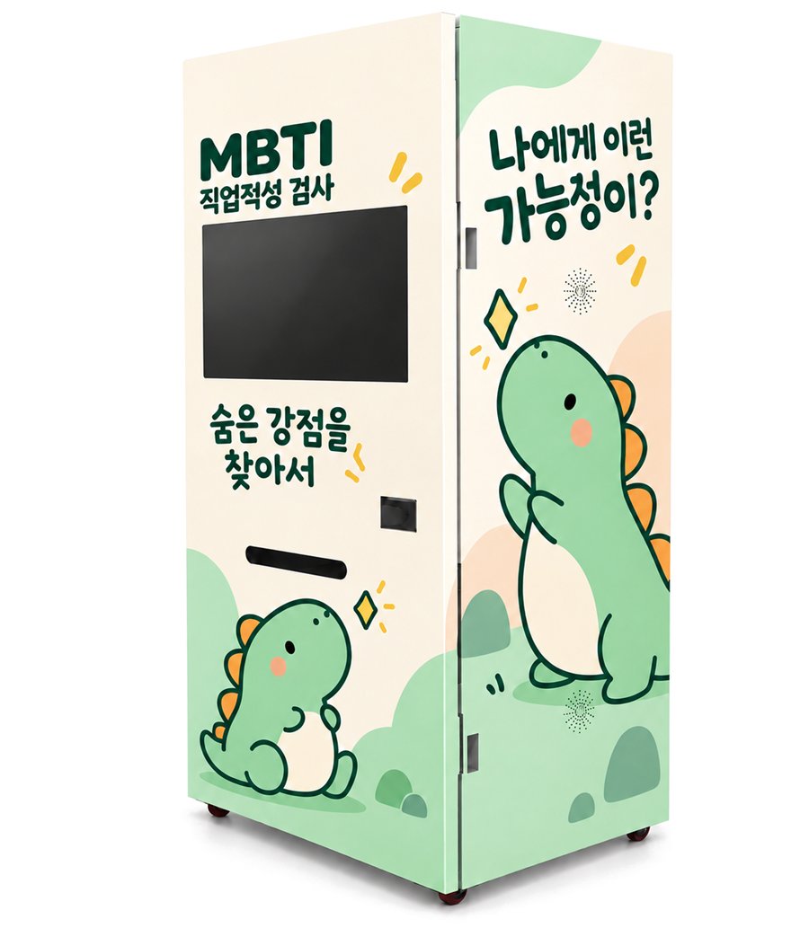 꼬마공룡 시트지를 입힌 MBTI 자판기를 오른쪽 앞에서 본 모습. 정면에 MBTI 직업적성 검사 화면, 측면에 큰 초록 공룡