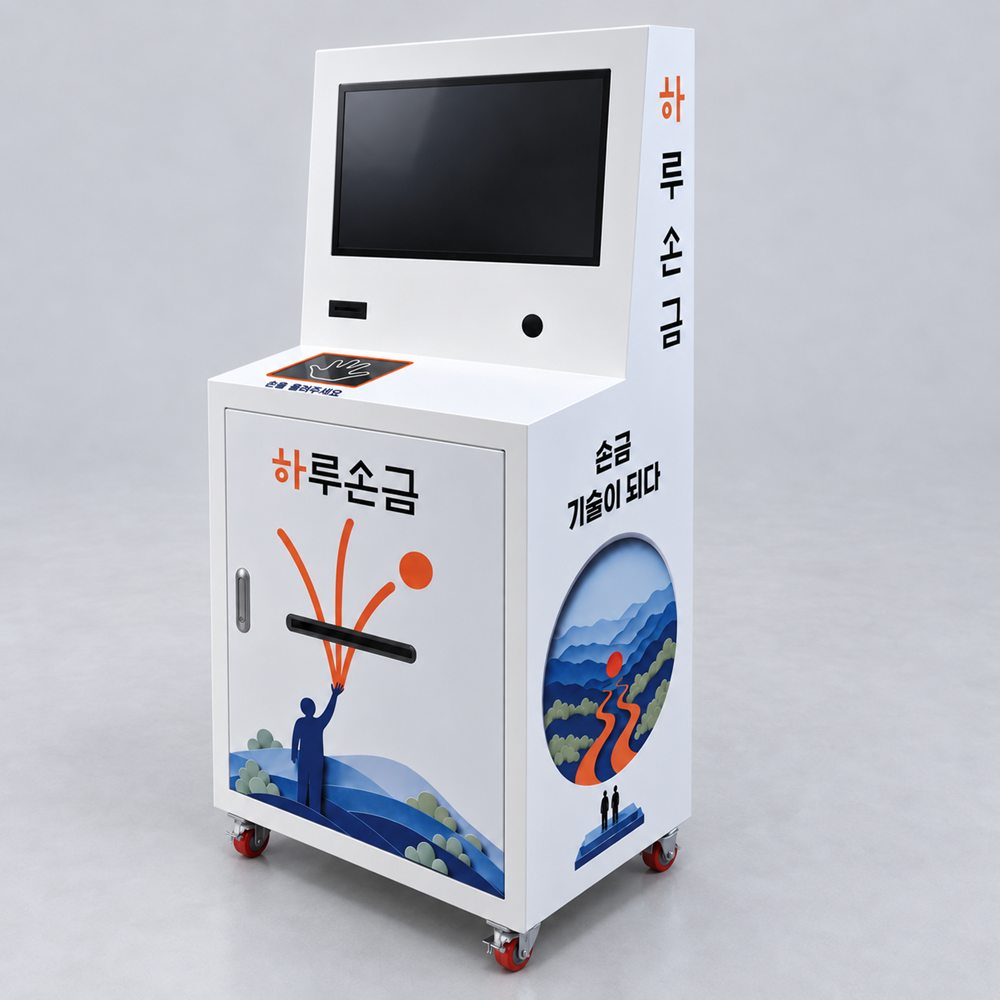 하루손금 기기를 오른쪽 앞에서 본 모습. 가로 화면, 손바닥 패드, 하루손금 도어와 손금 기술이 되다 측면 랩핑