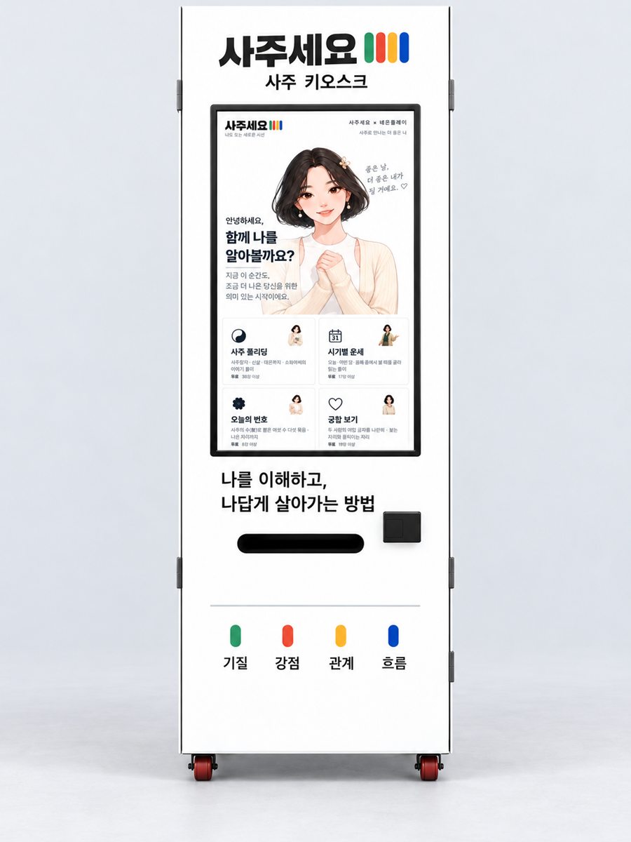 사주 자판기 정면. 위쪽 로고, 세로 터치 화면, 영수증 출력구와 기질·강점·관계·흐름 네 색 표시