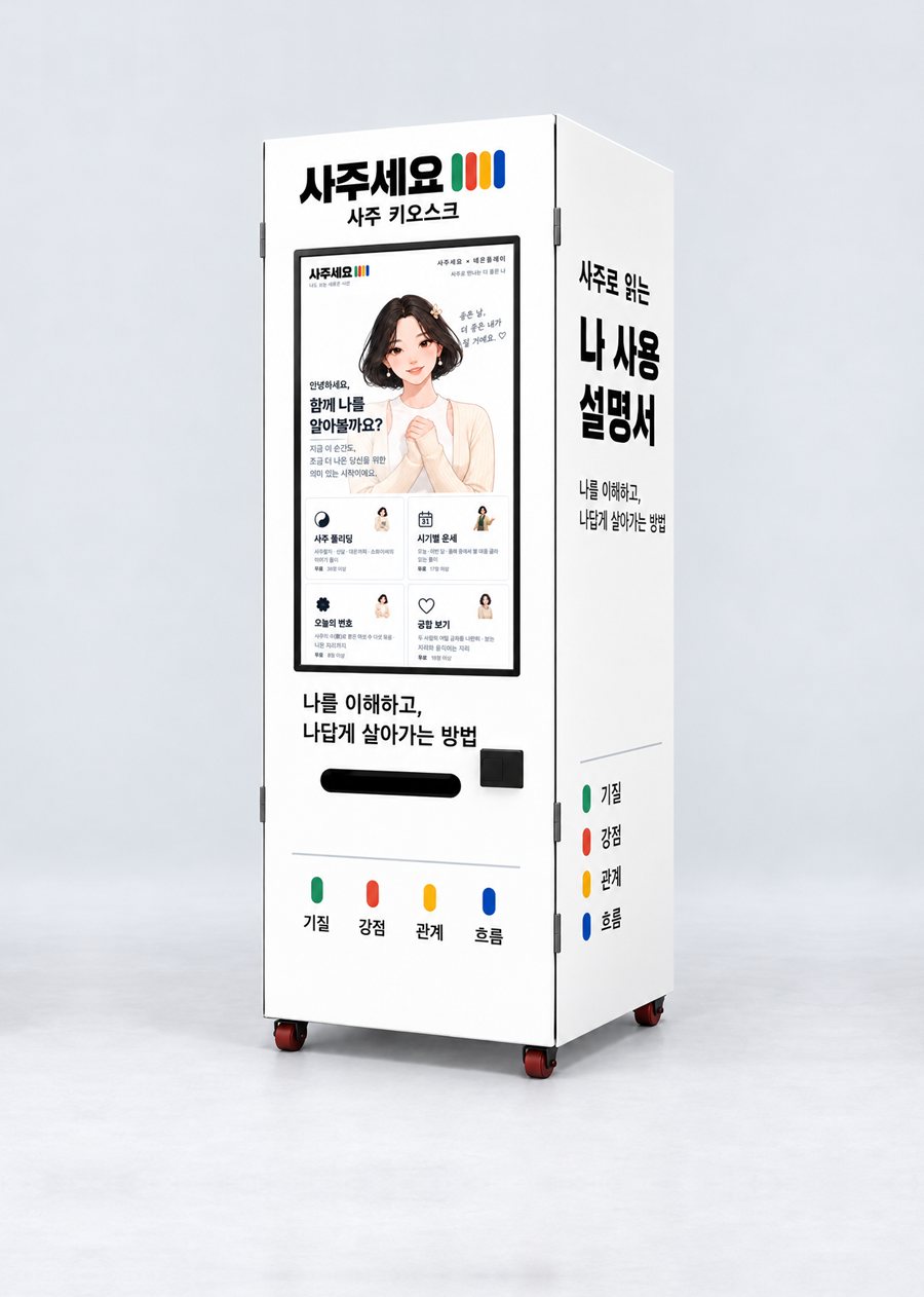 사주 자판기를 오른쪽 앞에서 본 모습. 정면의 세로 터치 화면과 영수증 출력구, 측면의 사주로 읽는 나 사용설명서 문구