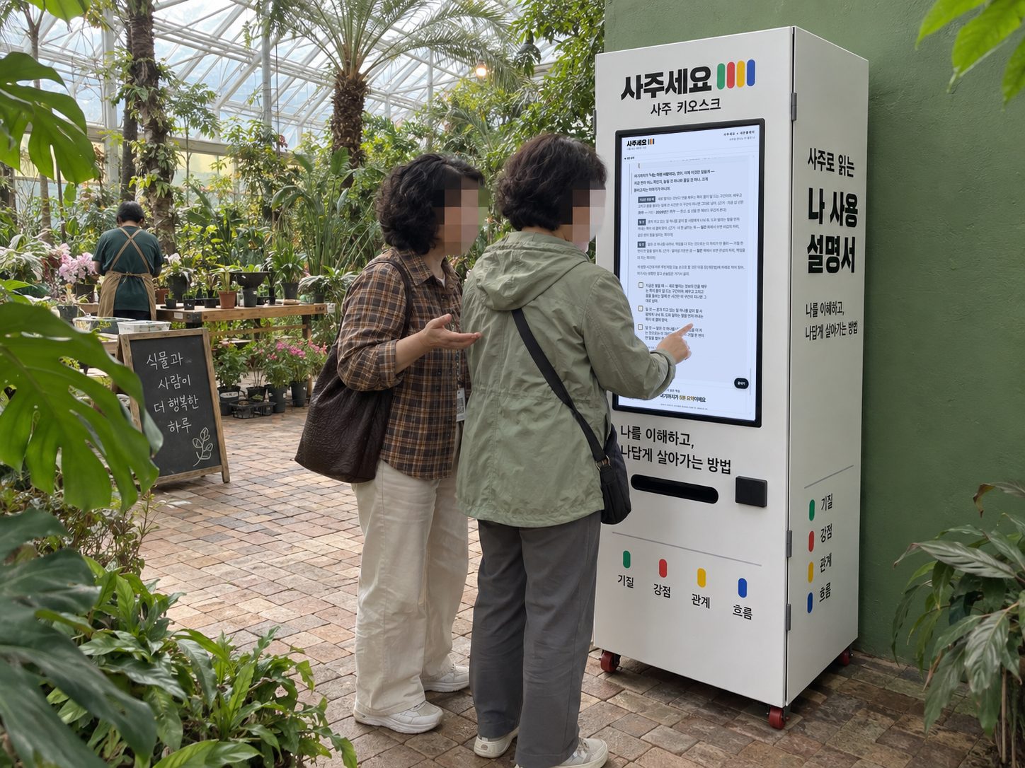 온실 카페 통로에서 두 사람이 사주 자판기를 이용하는 장면