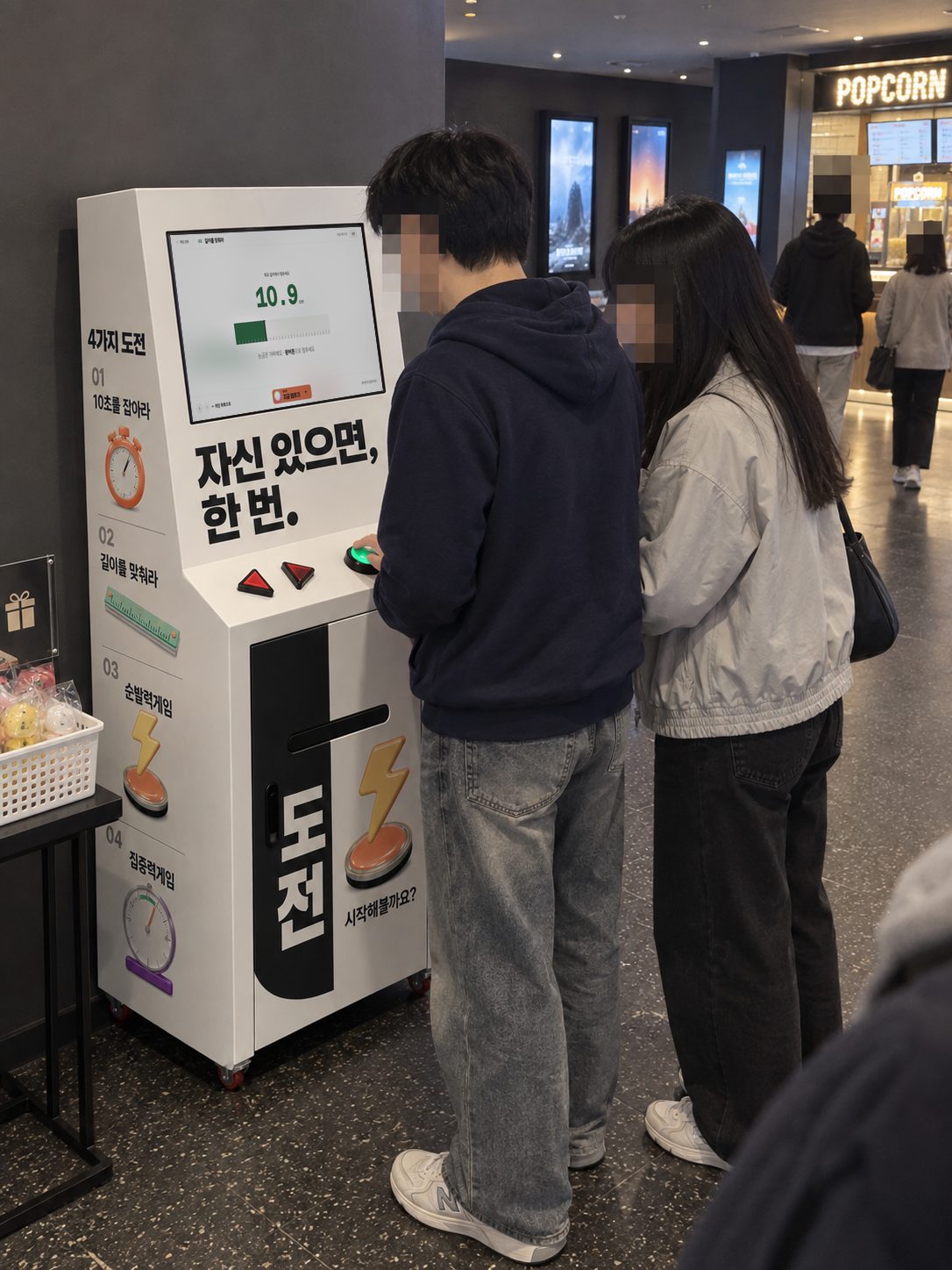 실내 상가 통로에서 한 참가자가 감각게임 키오스크의 길이를 맞춰라 게임을 하는 장면